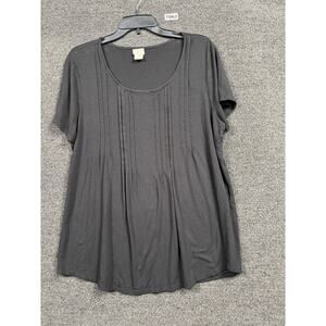 Chico's Pleated Top Size 2 US L Black Short Sleeve Womens Knitted Rayon Stretch